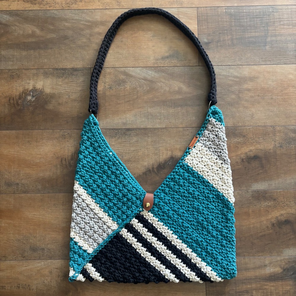 Handmade Danbury Rectangle Wheat Stitch Teal Black Crochet Colorblock Bag Purse